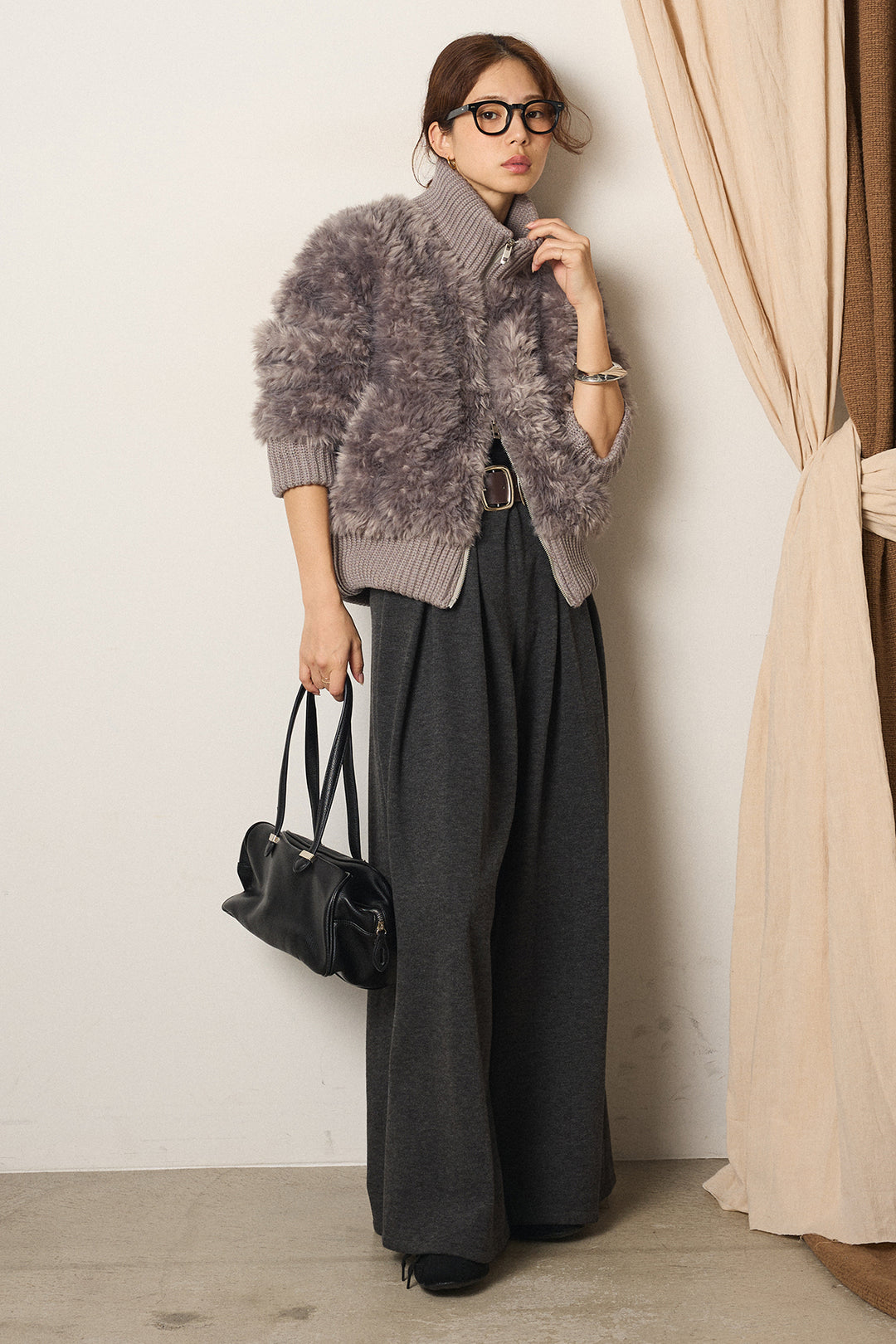 [SET]ハイネックボアブルゾン+フェイクレザー太ベルト付きタックワイドパンツ(2set)