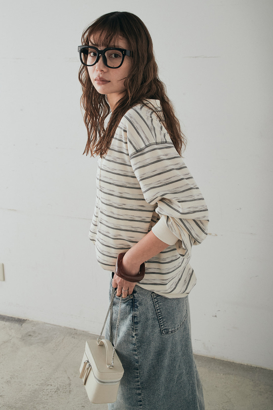 [SET]レースアップワッフルボーダートップス+ウエストクロスデニムタイトスカート(2set)