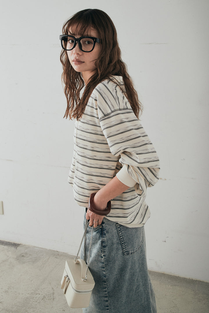 [SET]レースアップワッフルボーダートップス+ウエストクロスデニムタイトスカート(2set)