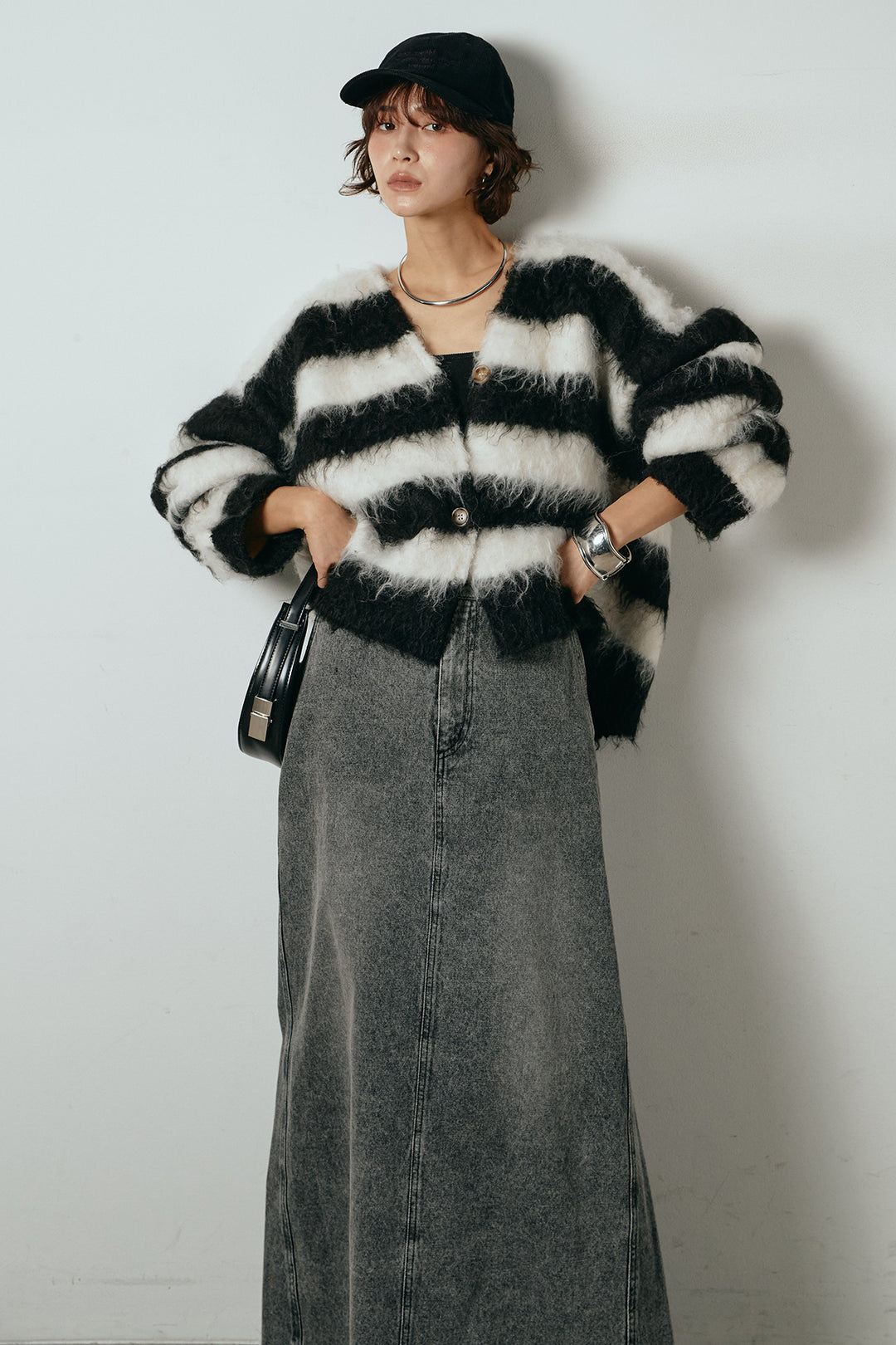 [SET]シャギーボーダー柄ニットカーディガン+デニムロングフレアスカート(2set)