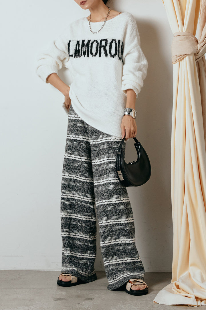 [SET]フロントロゴデザインニットトップス+マルチライン柄リラックスニットパンツ(2set)