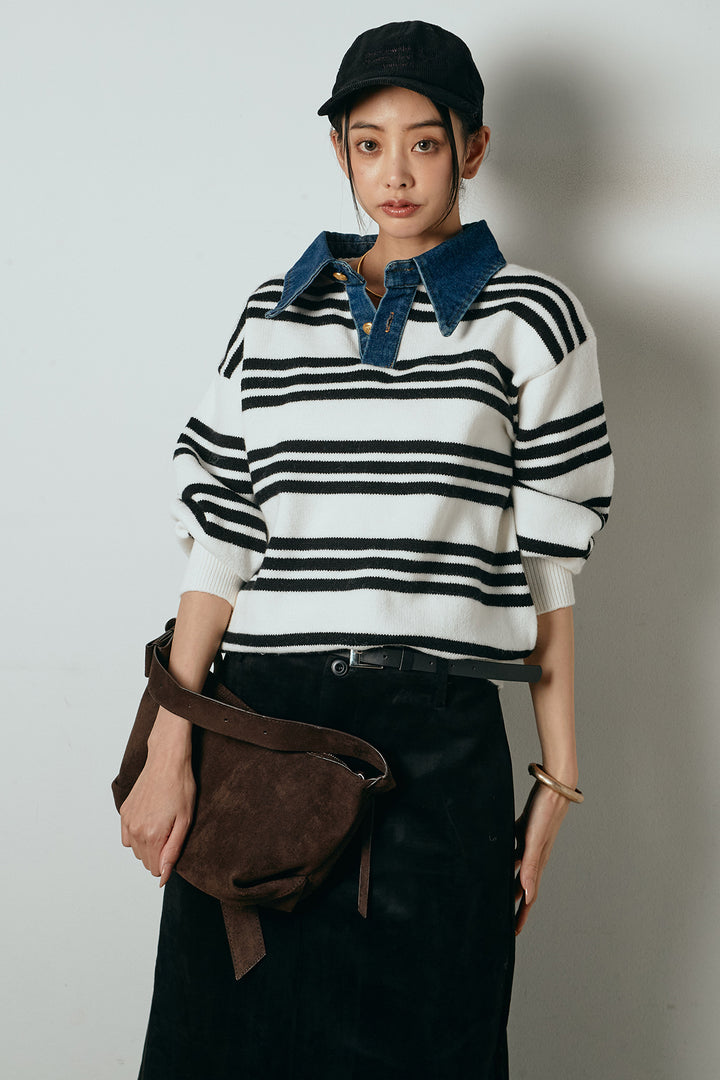 [SET]デニムレイヤード風ランダムボーダーニットプルオーバー+エコスウェードワイドスカート(2set)