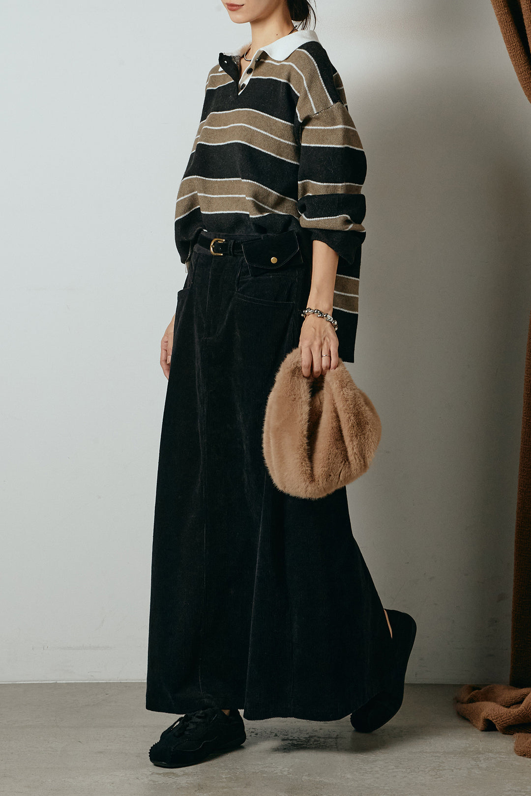 [SET]ラガーニットボーダーポロプルオーバー+ポーチベルト付きコーデュロイワイドスカート(2set)