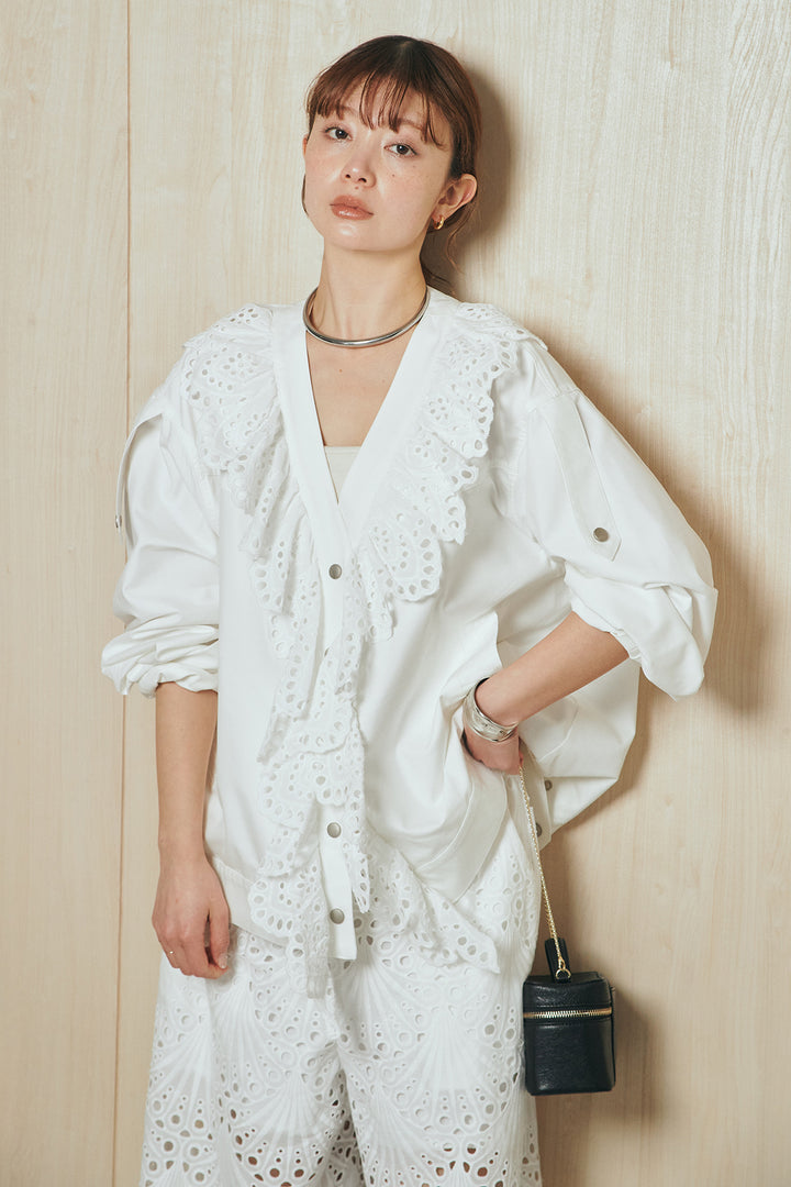 [SET]レースフリルドッキングアウター+レース刺繍リラックスパンツ(2set)