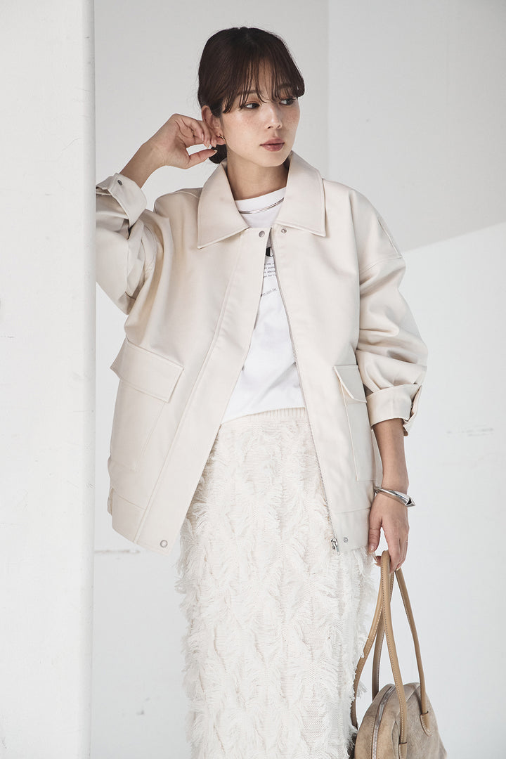 [SET]レザーライクオーバーサイズブルゾン+カットフリンジニットタイトスカート(2set)