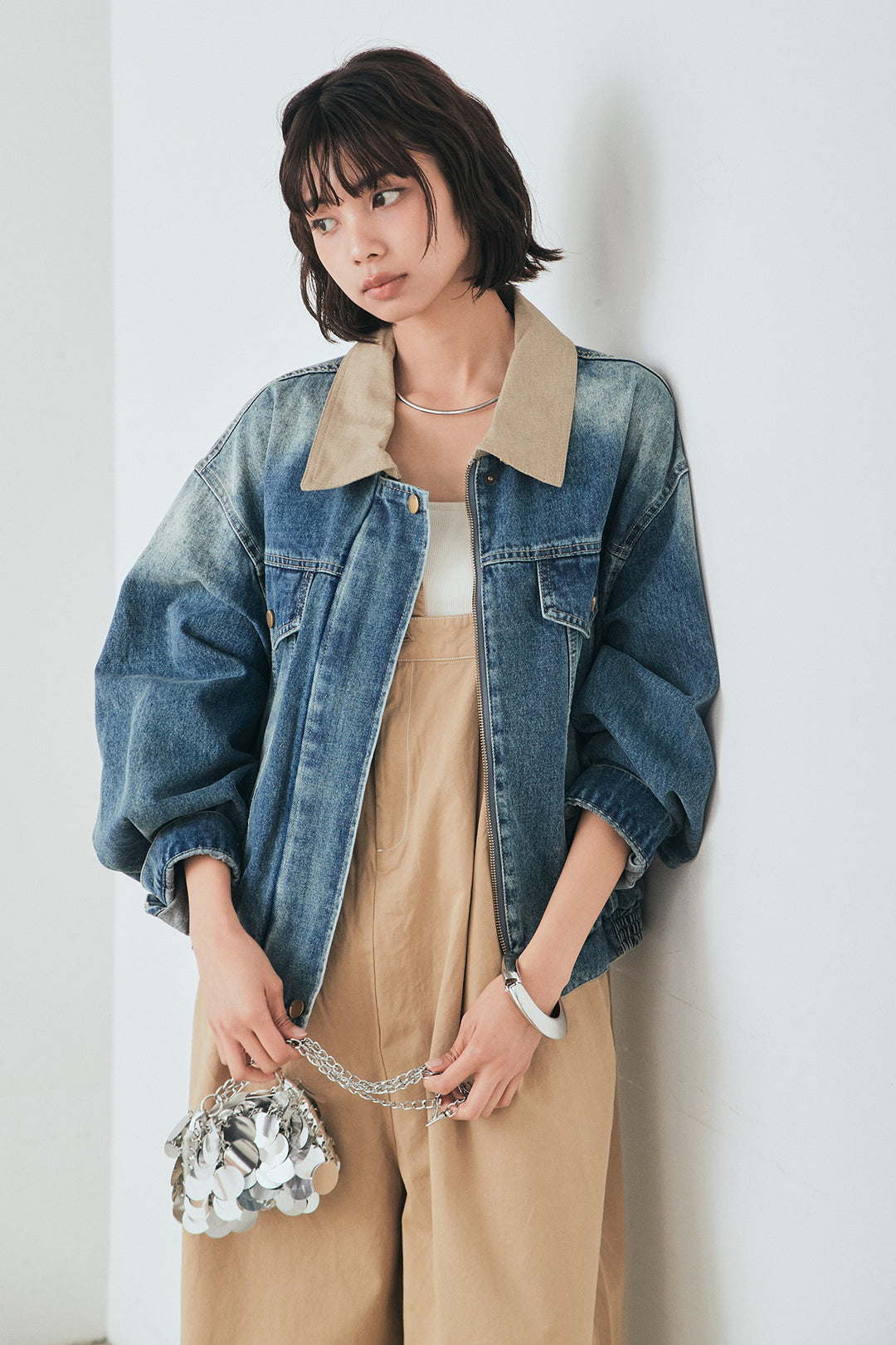 [SET]襟切り替えジップデニムジャケット+綿ツイルアシメサロペット(2set)