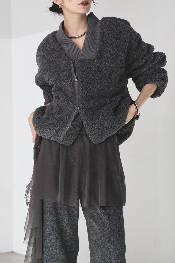 [SET]ノーカラーリブボアアウター+チュールレイヤードニットパンツ(2set)