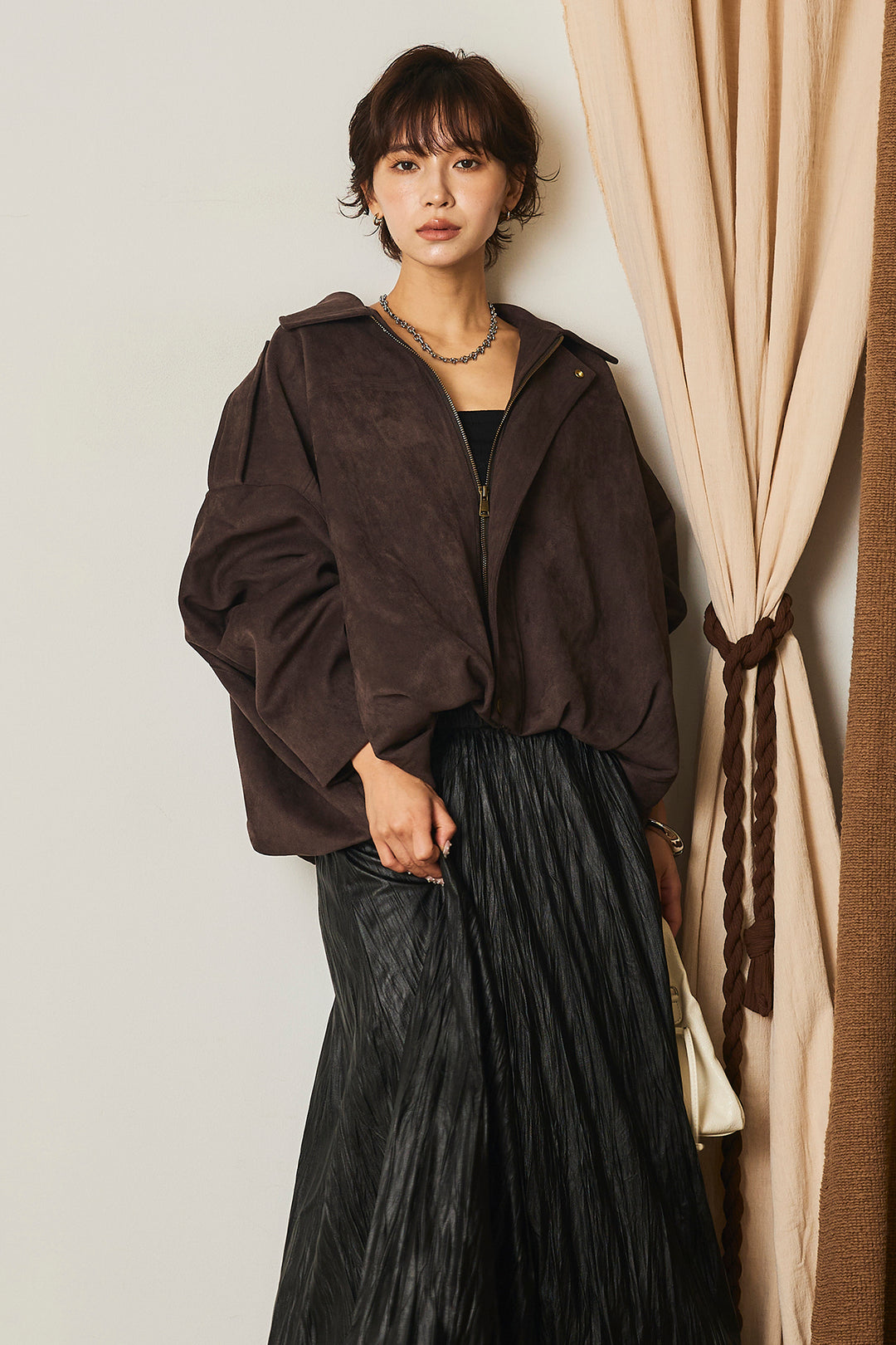 [SET]バルーンシルエットフェイクスエードブルゾン+ワッシャーサテンスカート(2set)
