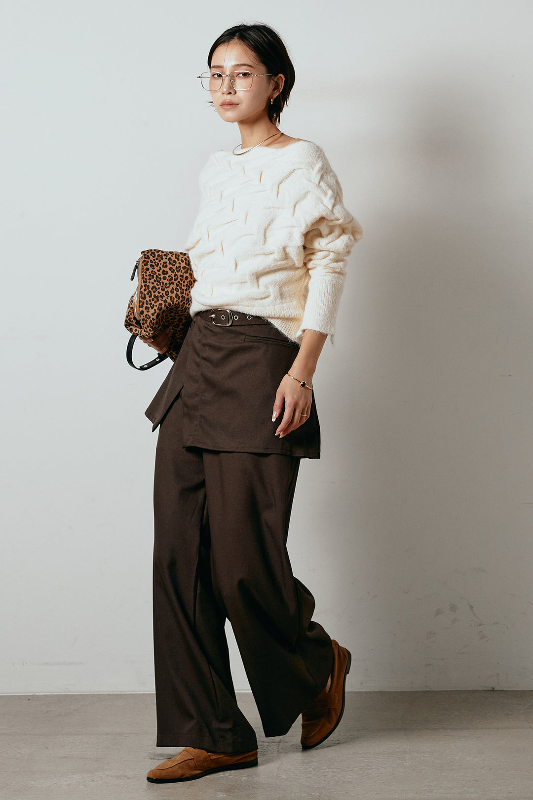 [SET]ボートネックニットトップス+ベルト付きウエストデザインパンツ(2set)