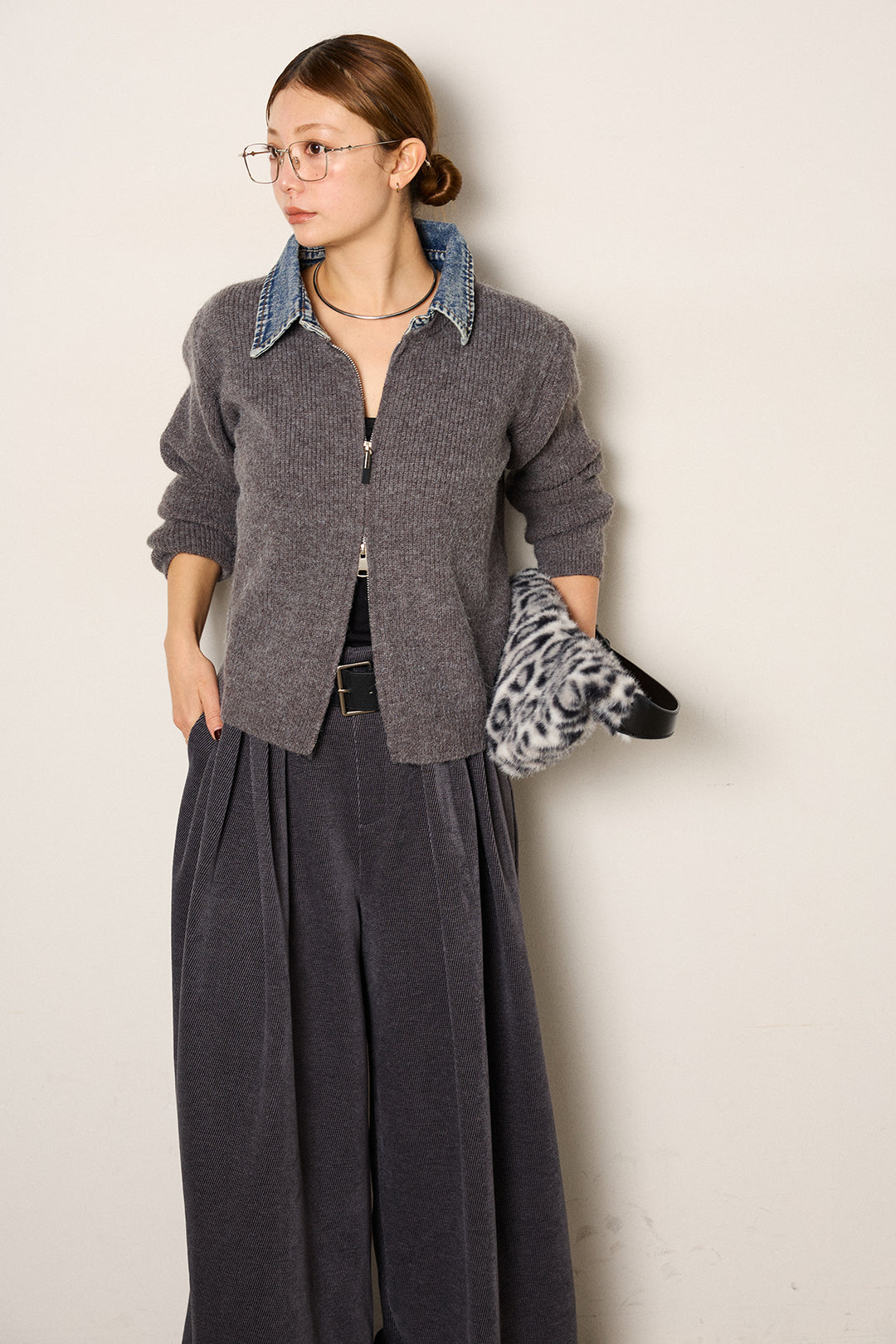 [SET]デニム襟ダブルジップニットトップス+ベルトループコーデュロイワイドパンツ(2set)