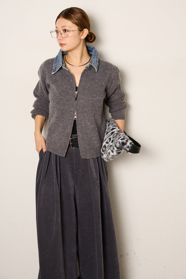 [SET]デニム襟ダブルジップニットトップス+ベルトループコーデュロイワイドパンツ(2set)