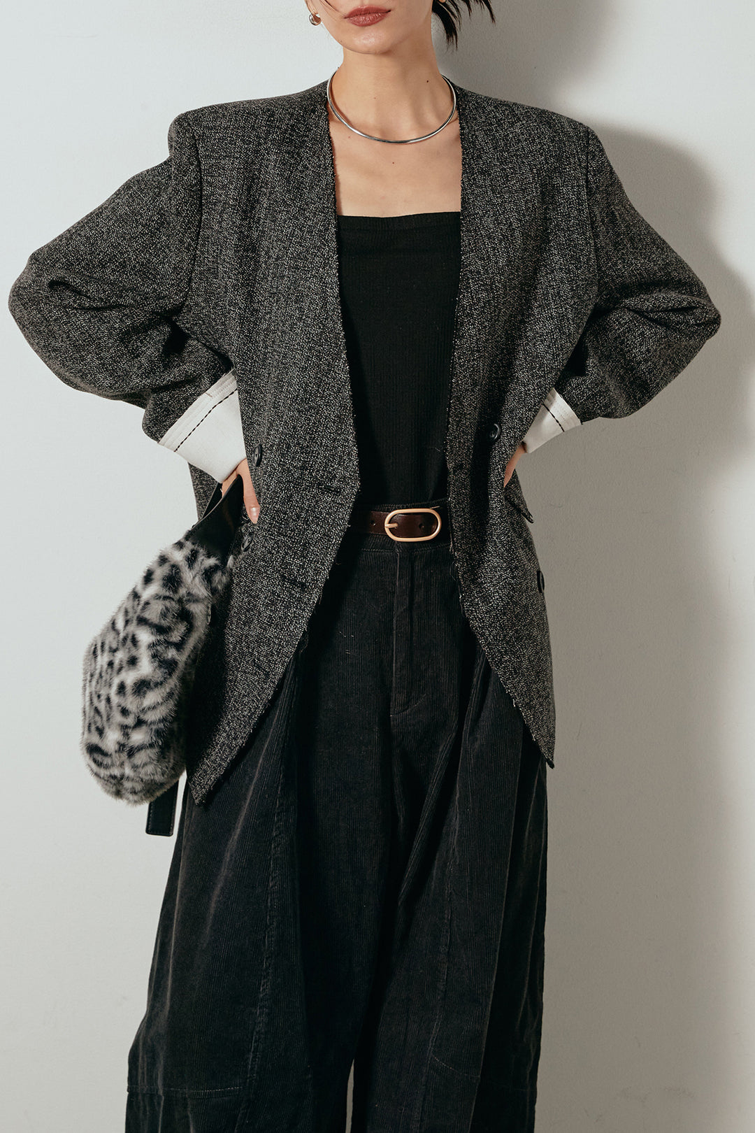 [SET]ノーカラーダブルボタンツイードジャケット+タック入りコーデュロイワイドパンツ(2set)