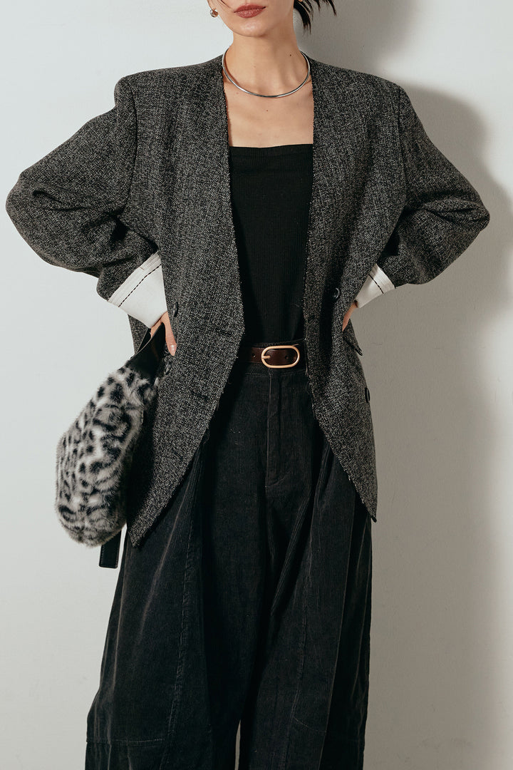 [SET]ノーカラーダブルボタンツイードジャケット+タック入りコーデュロイワイドパンツ(2set)