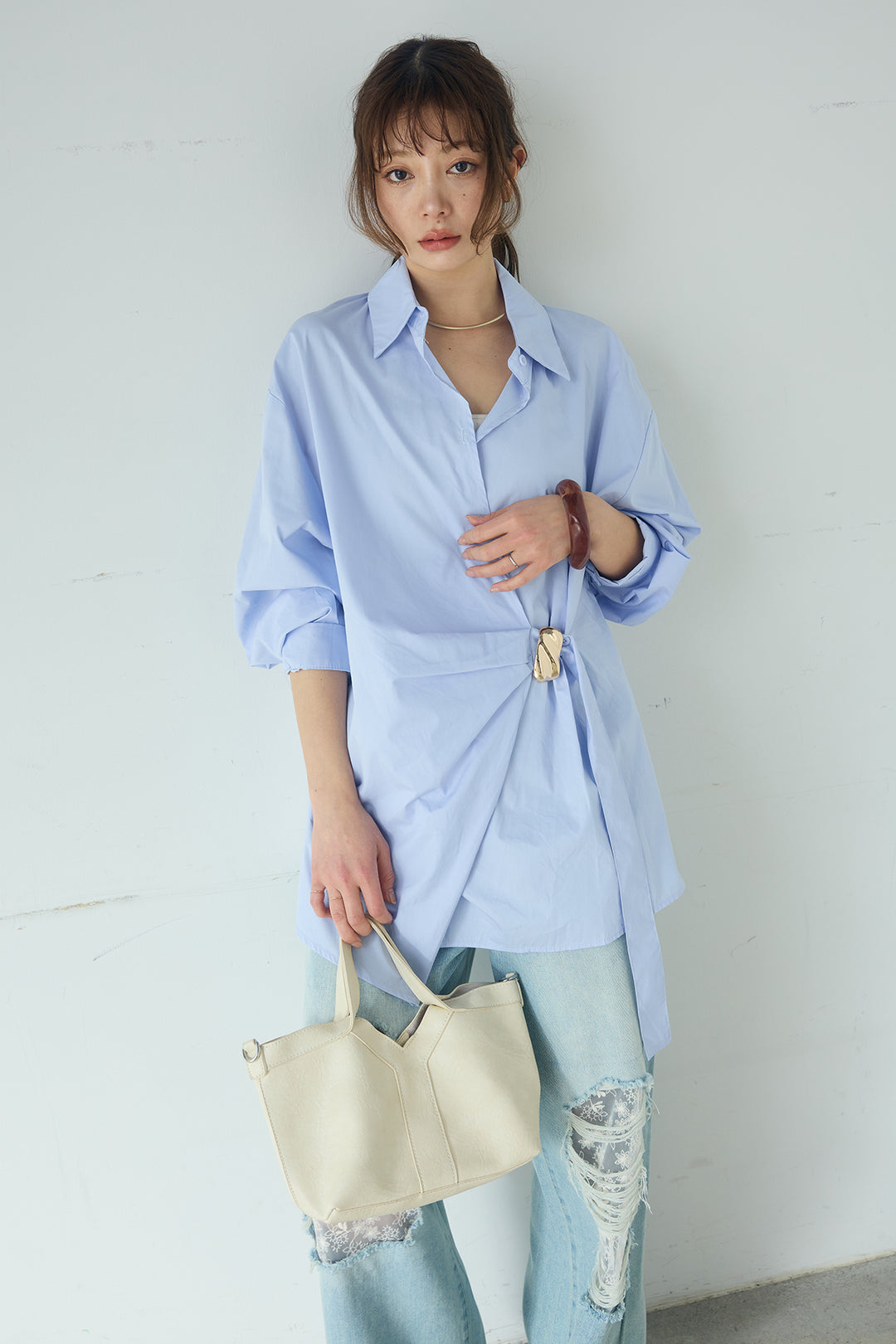 [SET]サイド留め具デザインシャツ+デニムレース付きワイドパンツ(2set)