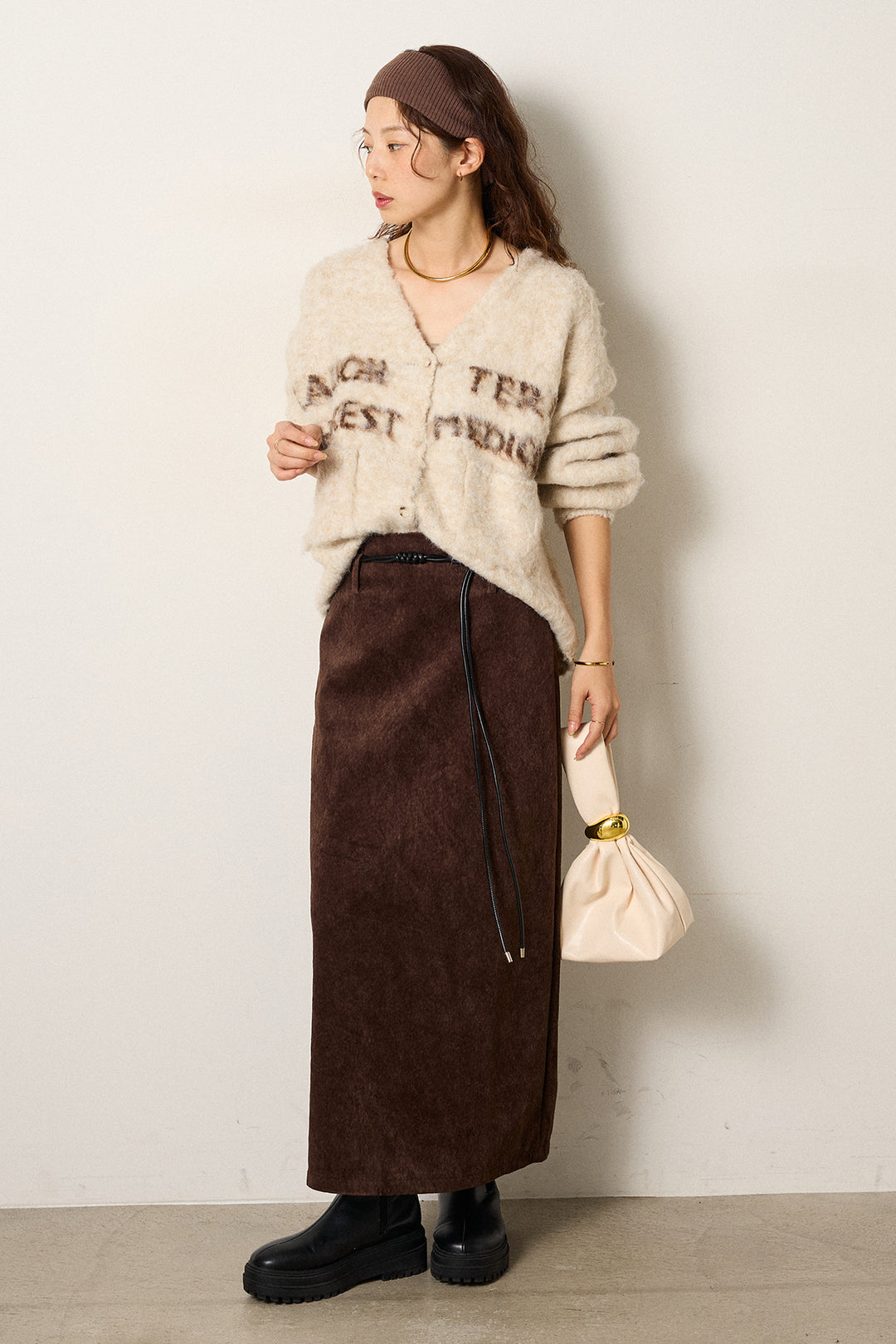 [SET]ウール混透かしロゴニットカーディガン+ロープベルト付きスウェード調スカート(2set)