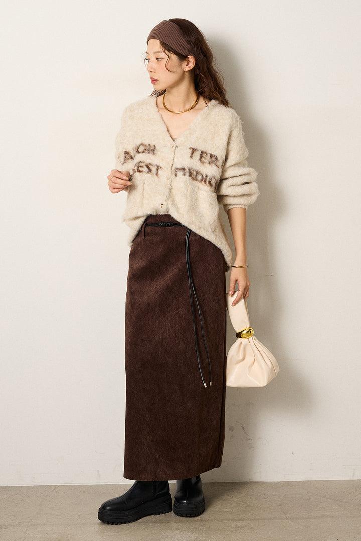 [SET]ウール混透かしロゴニットカーディガン+ロープベルト付きスウェード調スカート(2set)
