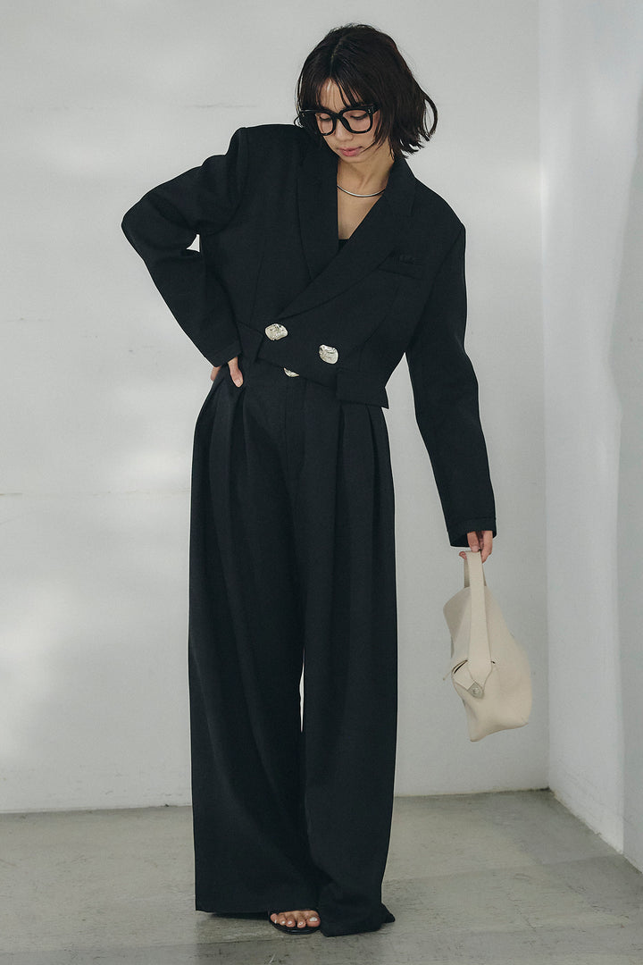 [SET]メタルプレートショート丈ジャケット+メタルプレートタックワイドパンツ(2set)