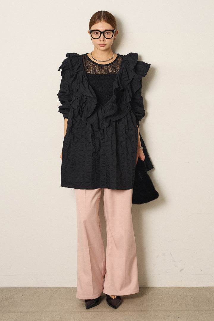 [SET]Vネックフリルカラーブラウス+ツイルスプリングカラータックパンツ+ストレッチレースクルーネックインナー(3set)