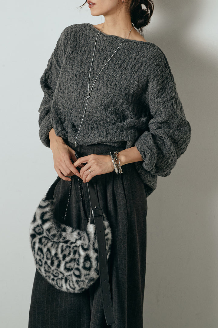 [SET]ボリューム編みニットプルオーバー+編みベルト付きピンストライプワイドパンツ(2set)