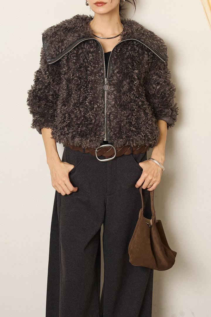 [SET]ビッグカラープードルボアアウター+編みベルト付きワイドパンツ(2set)