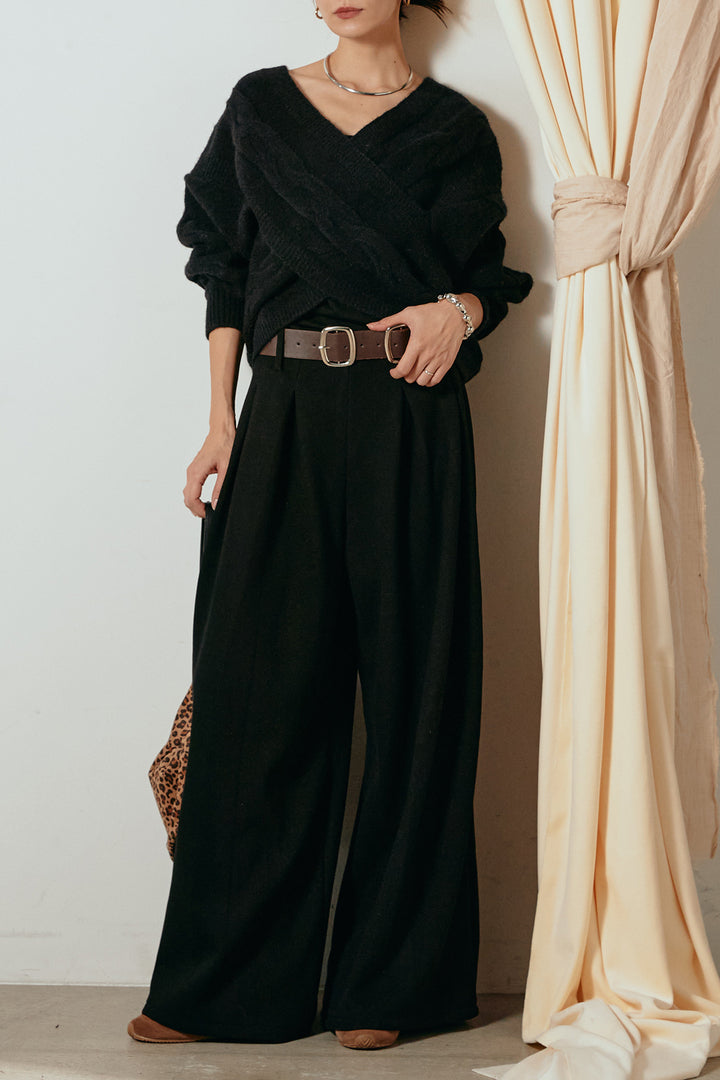 [SET]ケーブルカシュクールニットトップス+フェイクレザー太ベルト付きタックワイドパンツ(2set)