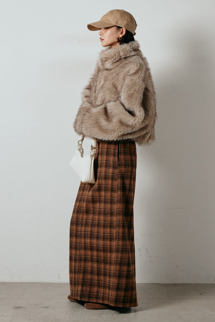 [SET]エコファーショート丈ブルゾン+シャギーチェックストレートスカート(2set)