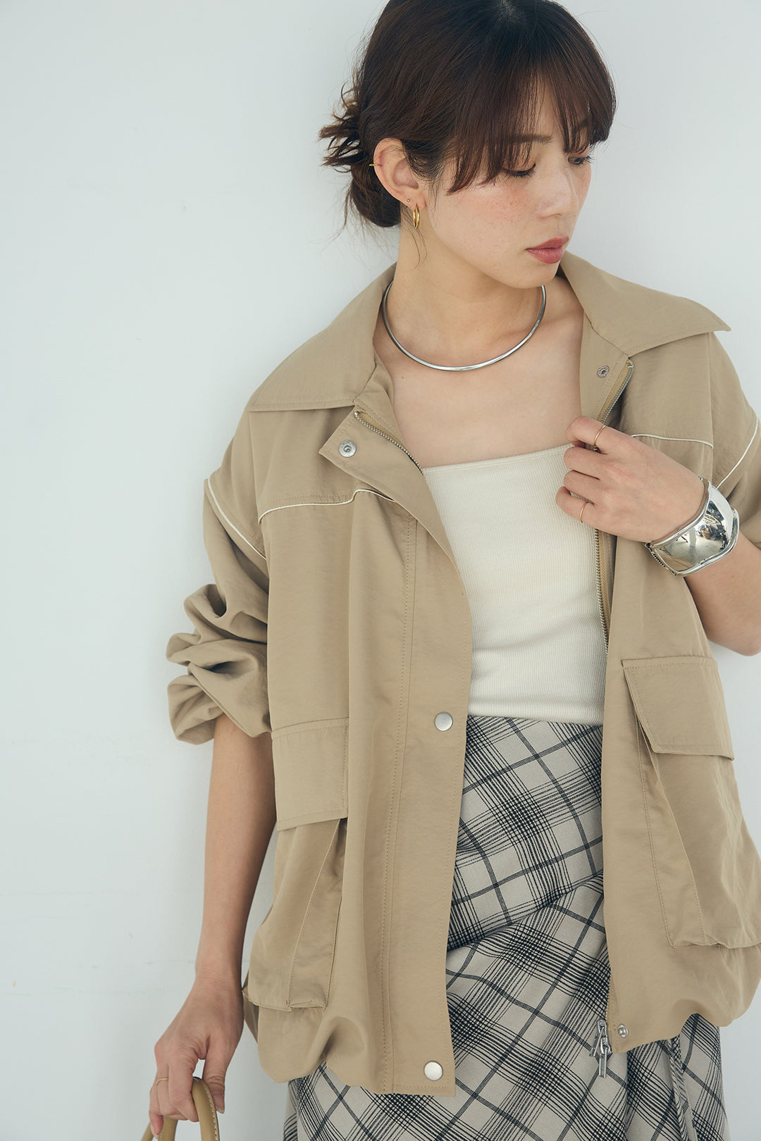 [SET]合繊ツイルバルーンジャケット+タータンチェック柄フロントデザインスカート(2set)