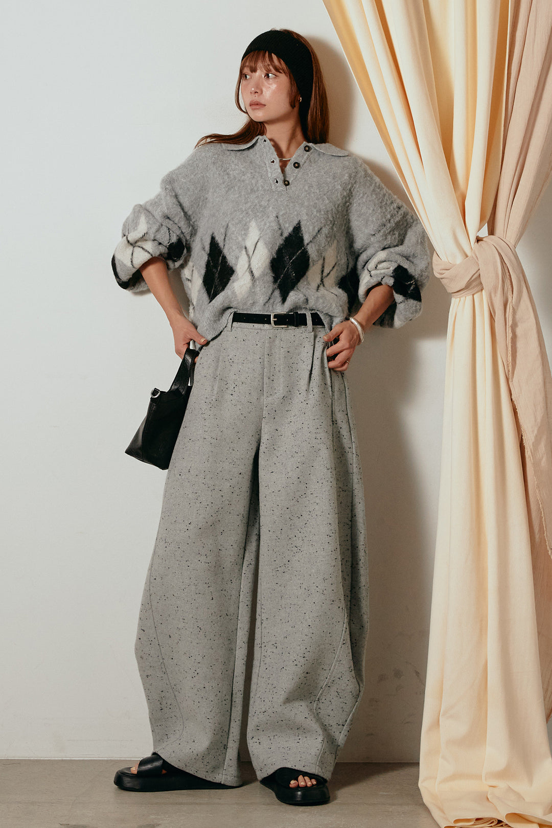 [SET]アーガイル柄ポロニットトップス+ベルト付きネップツイードカーブパンツ(2set)