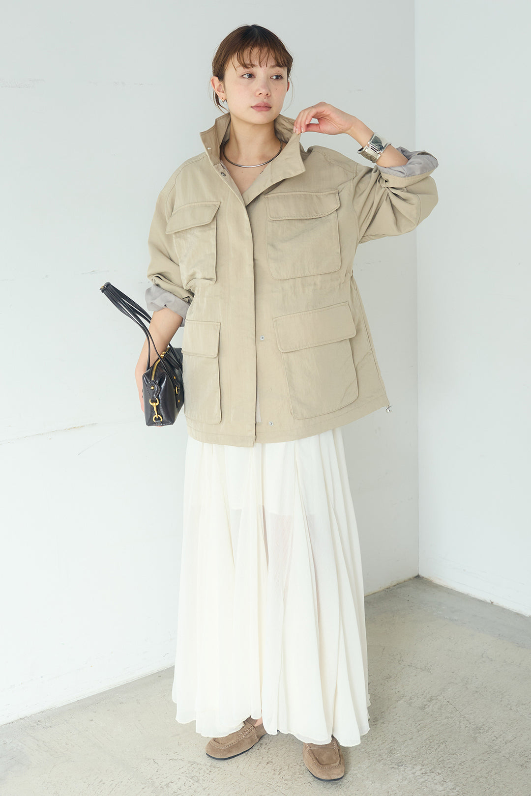 [SET]ナイロンツイルフィールドジャケット+シアーフリルキャミワンピース(2set)