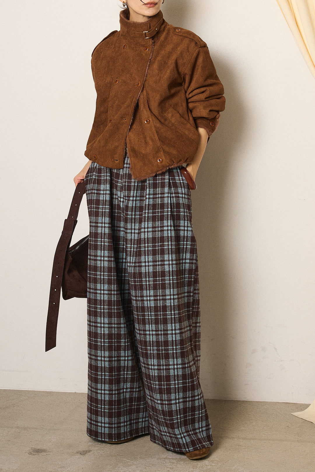 [SET]スタンド襟スウェードライクアウター+スタッズデザインベルトタータンチェックパンツ(2set)