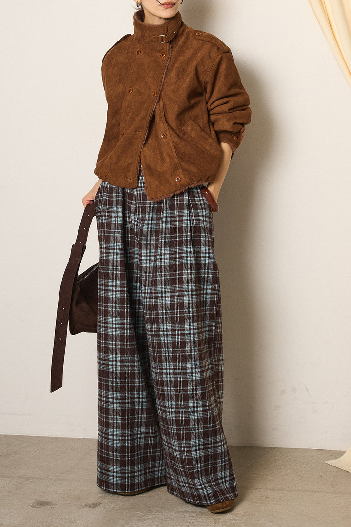 [SET]スタンド襟スウェードライクアウター+スタッズデザインベルトタータンチェックパンツ(2set)