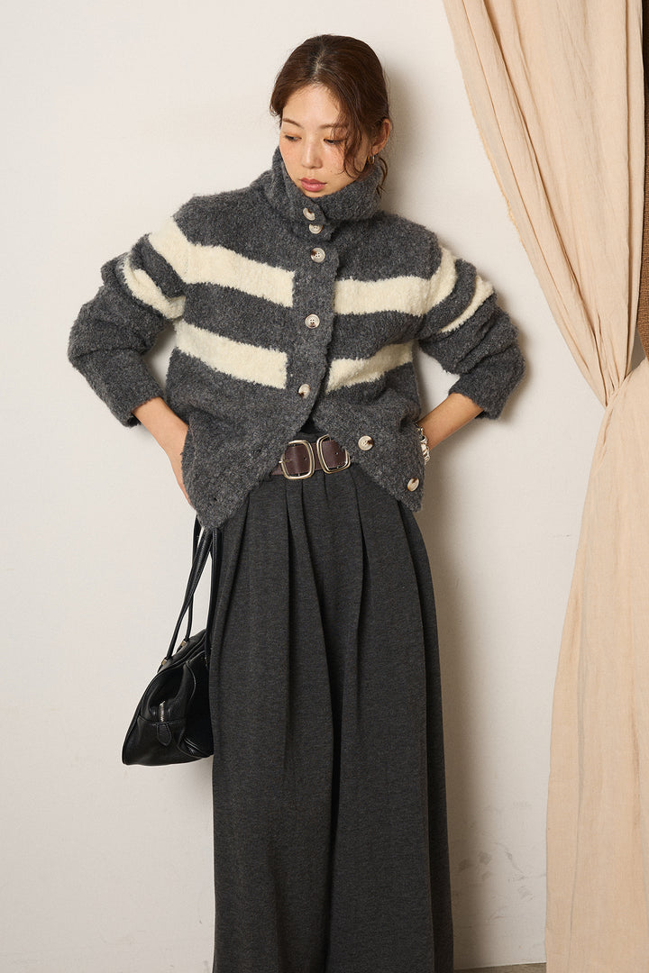 [SET]ハイネックボーダーニットカーディガン+フェイクレザー太ベルト付きタックワイドパンツ(2set)