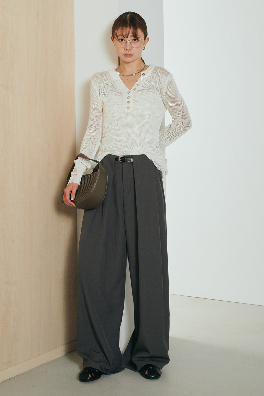 [SET]ヘンリーネックダメージニットプルオーバー+ビックベルトループタックベルト付きワイドパンツ(2set)