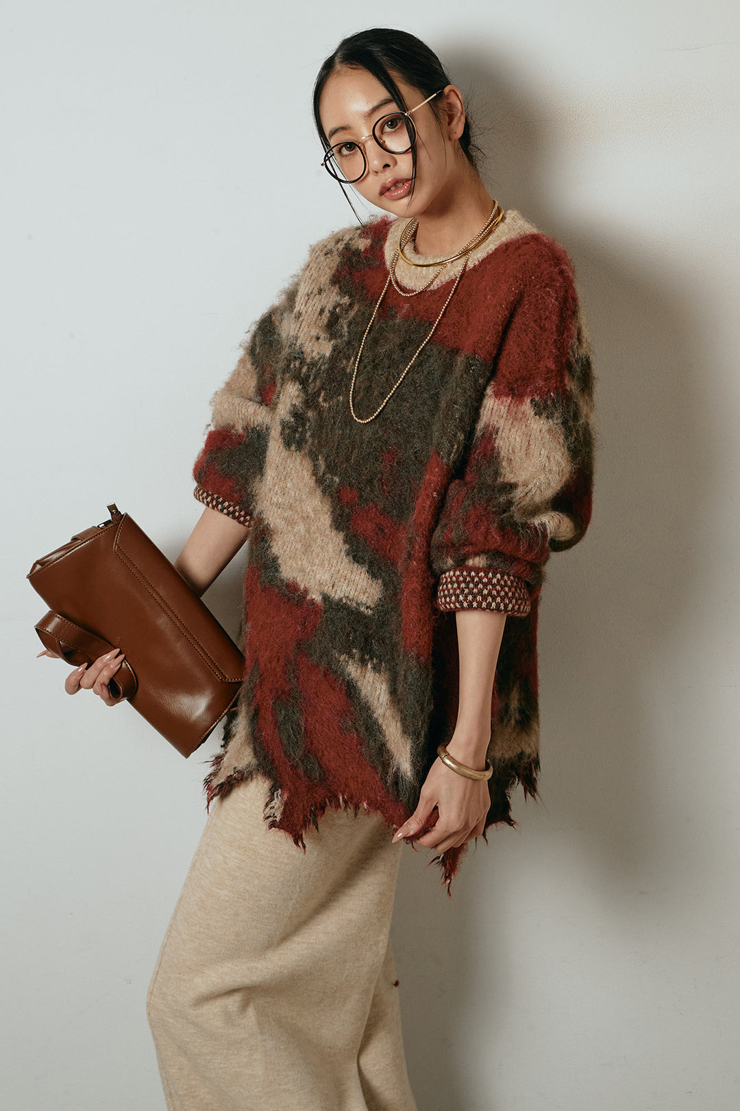 [SET]起毛裾デザインニュアンス柄ニットトップス+センターラインニットパンツ(2set)