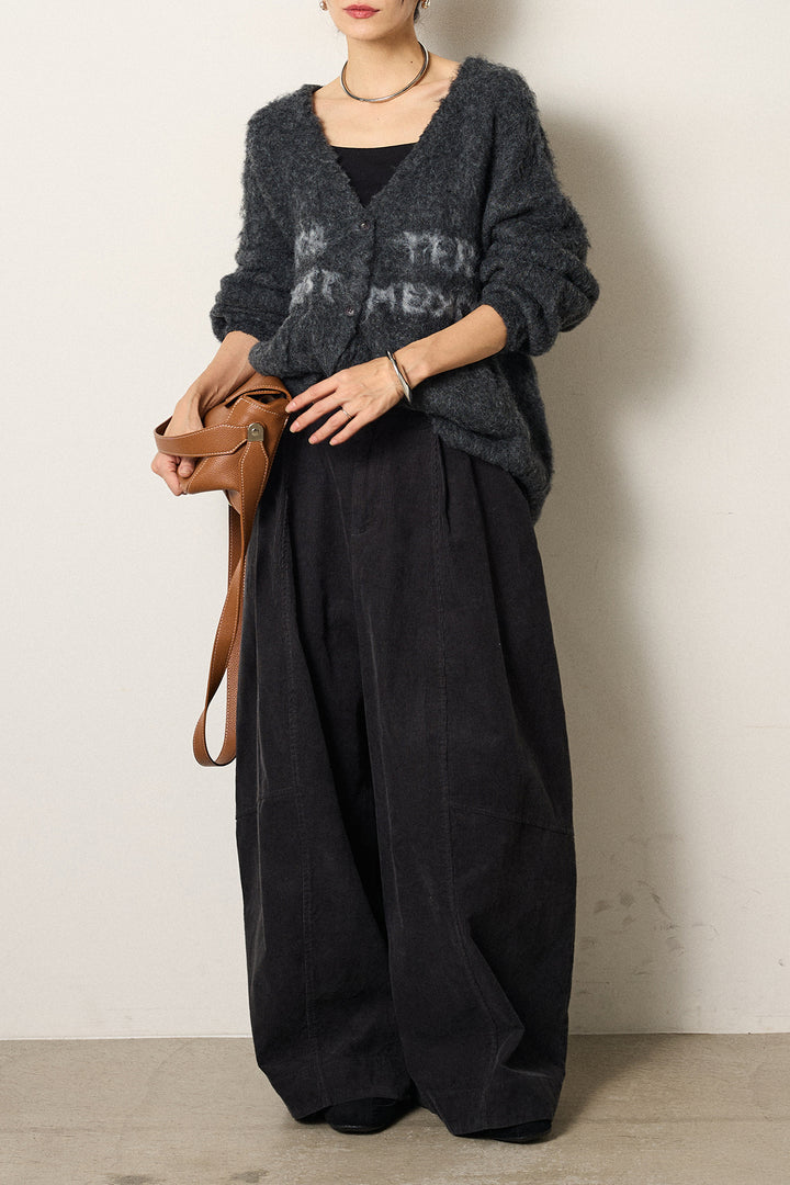 [SET]ウール混透かしロゴニットカーディガン+タック入りコーデュロイワイドパンツ(2set)