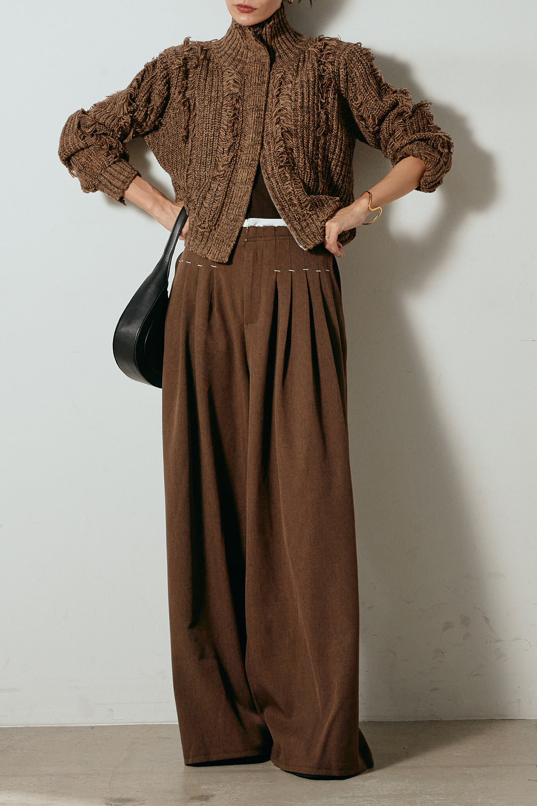 [SET]ハイネックフリンジジップニットトップス+ウエストステッチデザインワイドスラックス(2set)