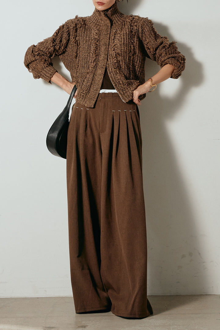 [SET]ハイネックフリンジジップニットトップス+ウエストステッチデザインワイドスラックス(2set)