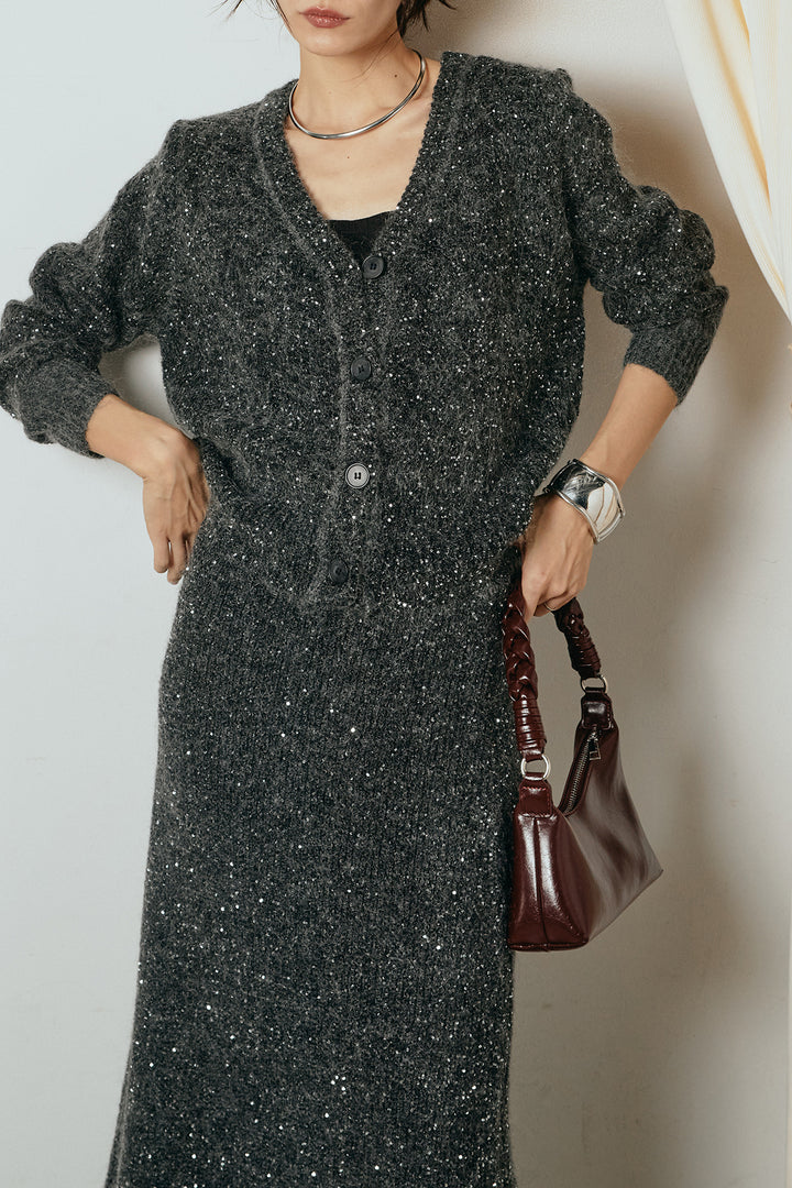 [SET]ミニラメニットカーディガン+ミニラメニットスカート(2set)