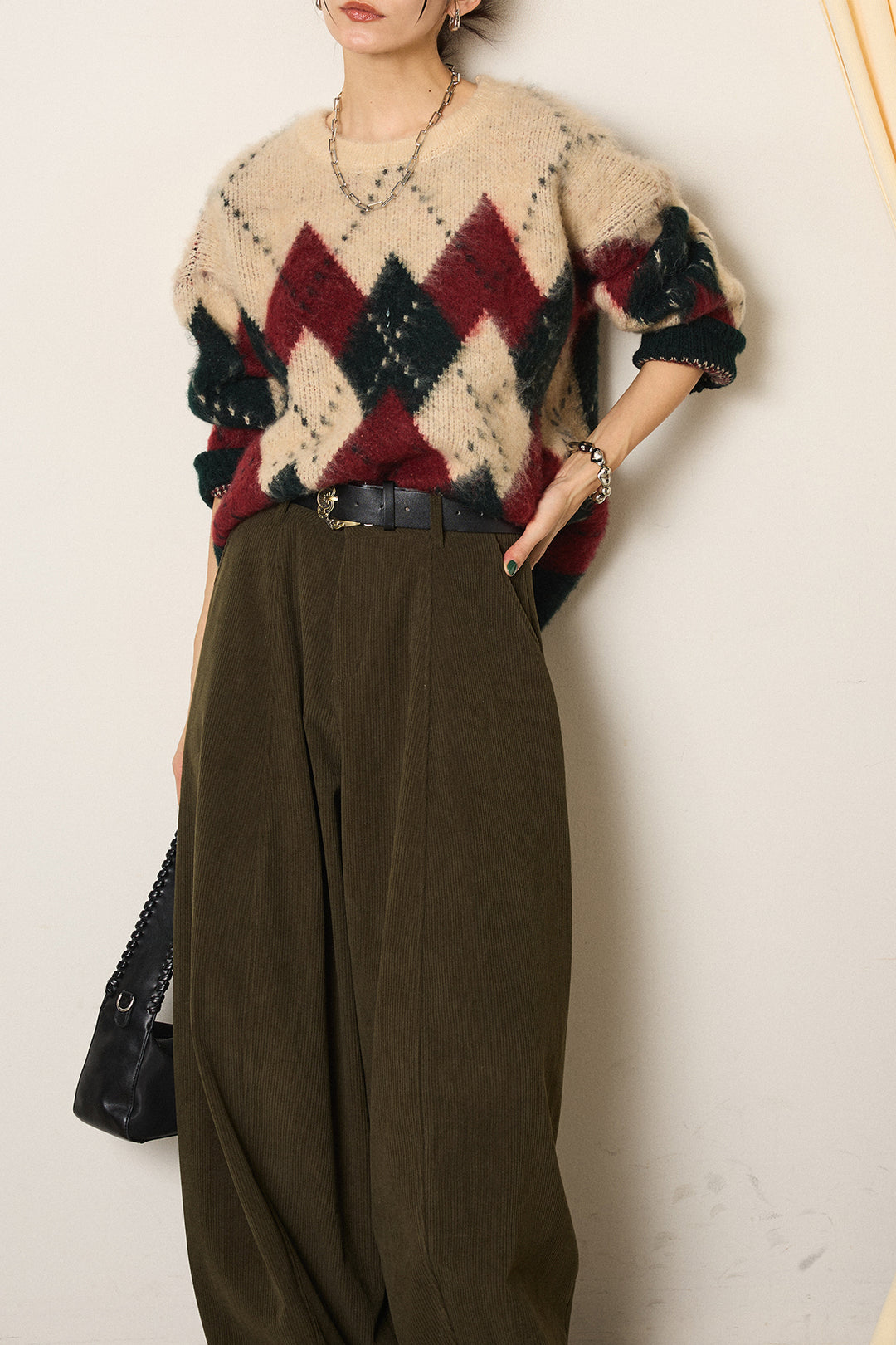 [SET]配色アーガイル柄ニットトップス+ベルト付きコーデュロイワイドパンツ(2set)