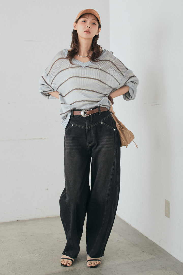 [SET]綿タッチVネックボーダートップス+デニムヨークパンツ(2set)
