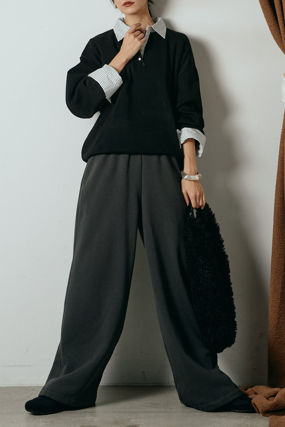[SET]ストライプシャツドッキングポロトップス+裏起毛スウェットワイドパンツ(2set)