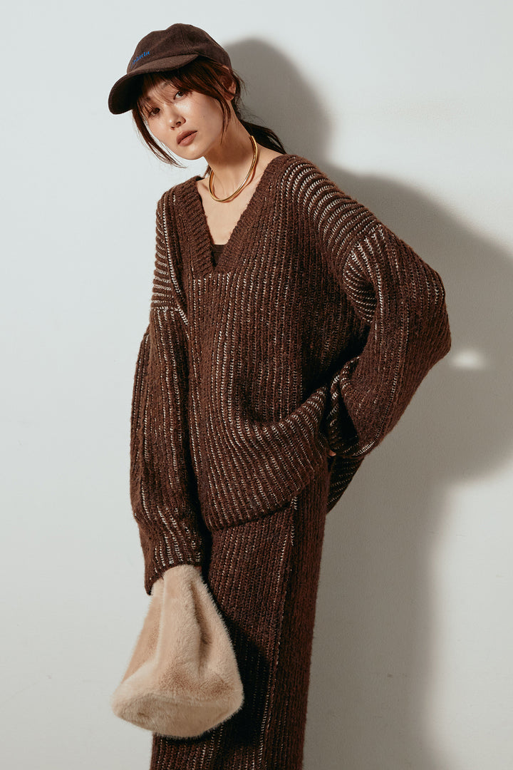 [SET]アルパカタッチ深Vニットトップス+アルパカタッチニットタイトスカート(2set)