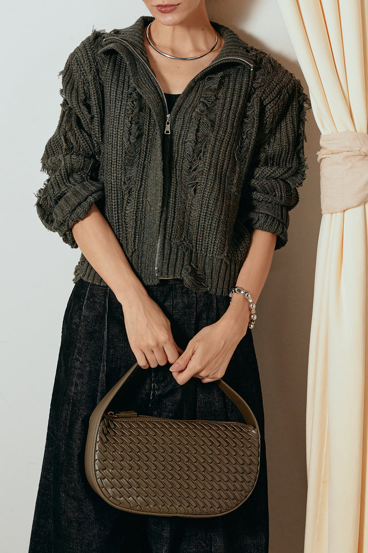 [SET]ハイネックフリンジジップニットトップス+フロントタック入りコーデュロイパンツ(2set)