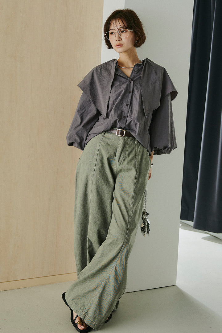 [SET]ケープカラーナイロンブラウス+サイドベルトカーブワイドパンツ(2set)