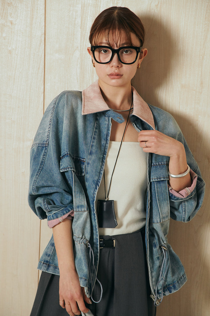 [SET]襟付き配色デニムブルゾン+ビックベルトループタックベルト付きワイドパンツ(2set)