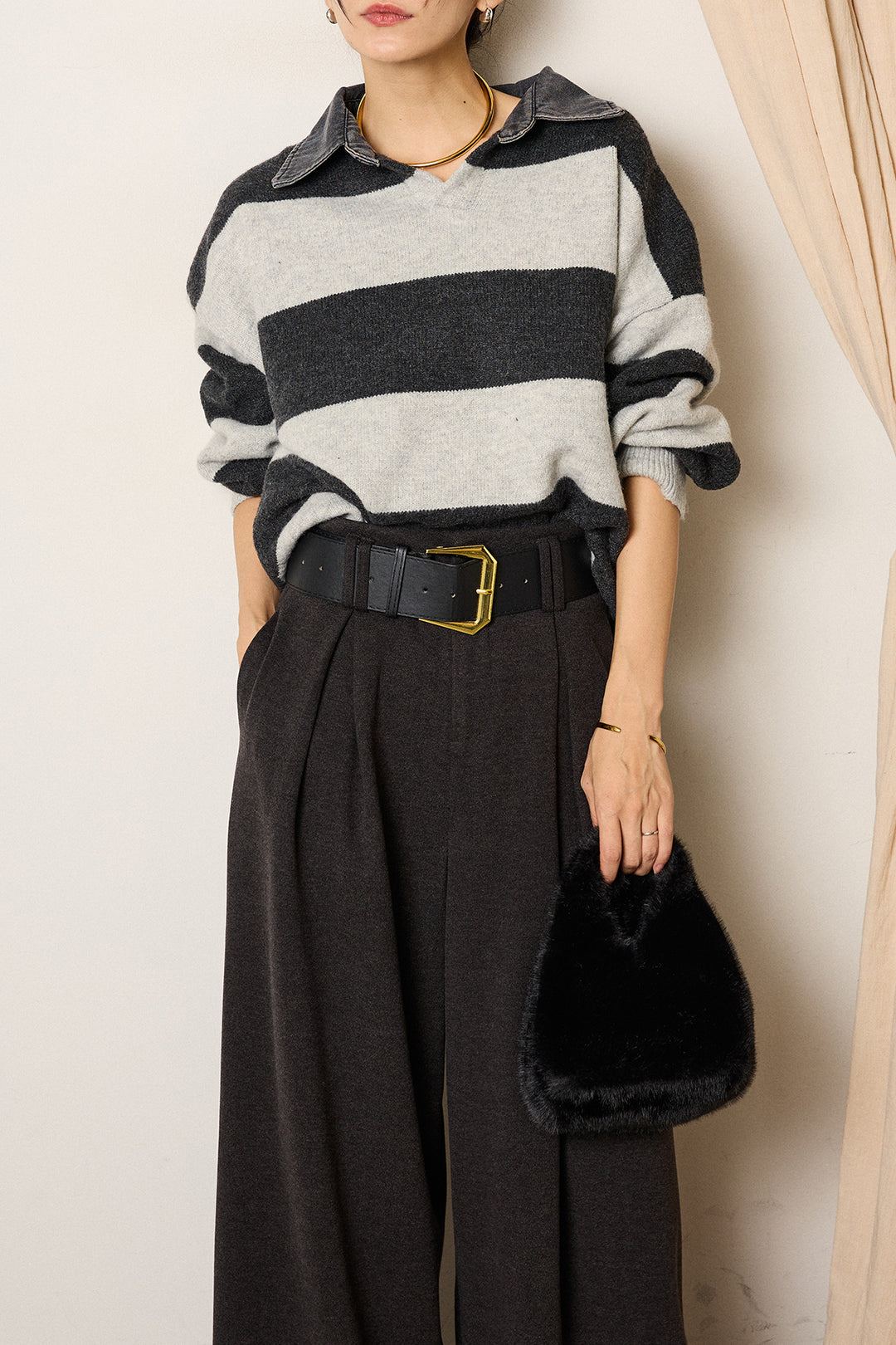 [SET]デニムカラーボーダールーズニット+ゴールドバックル太ベルト付きワイドパンツ(2set)