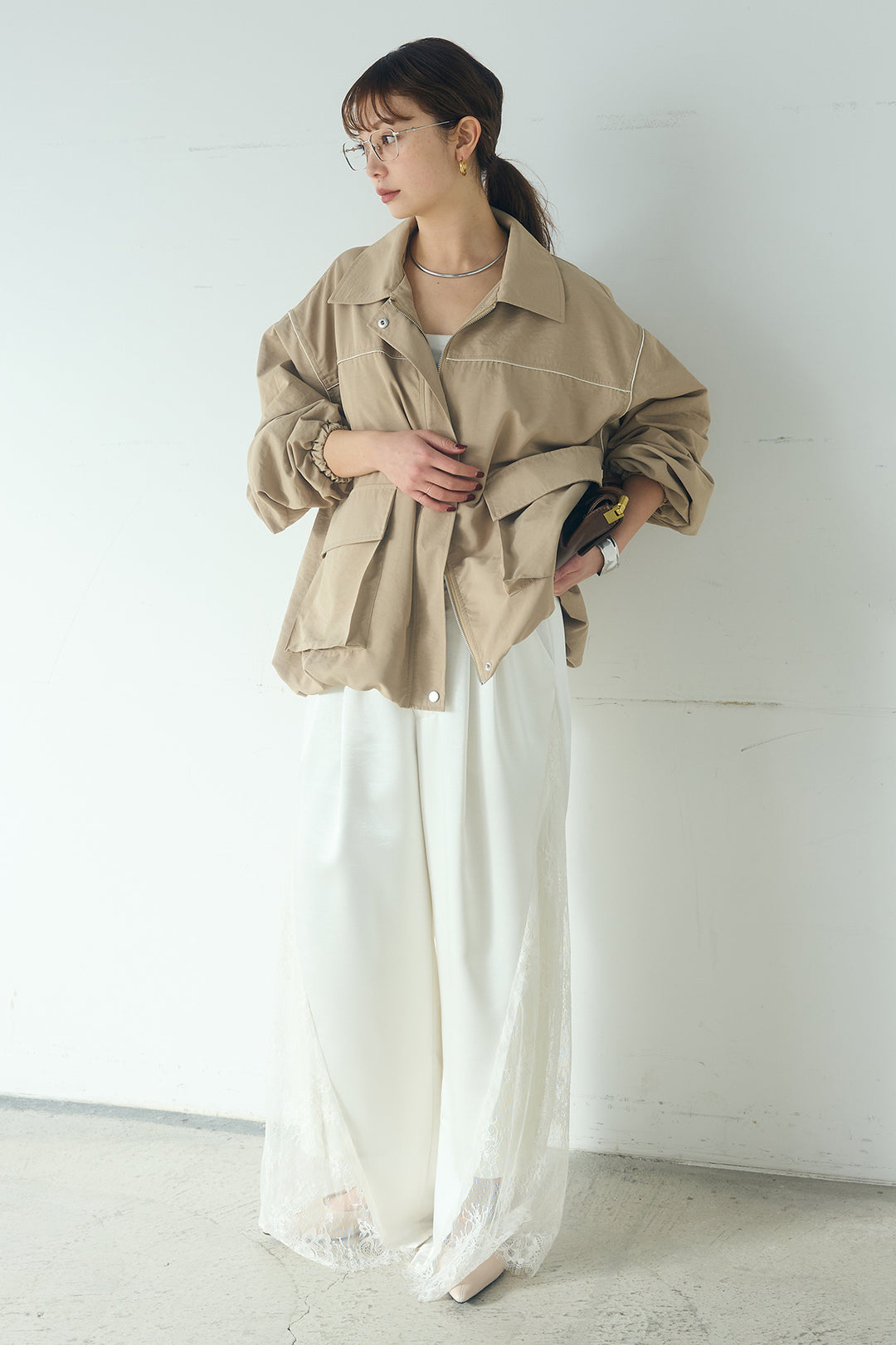 [SET]合繊ツイルバルーンジャケット+サテンレース切り替えタックパンツ(2set)