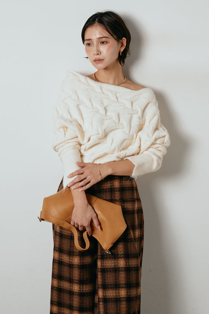 [SET]ボートネックニットトップス+ルーズタータンチェックワイドパンツ(2set)