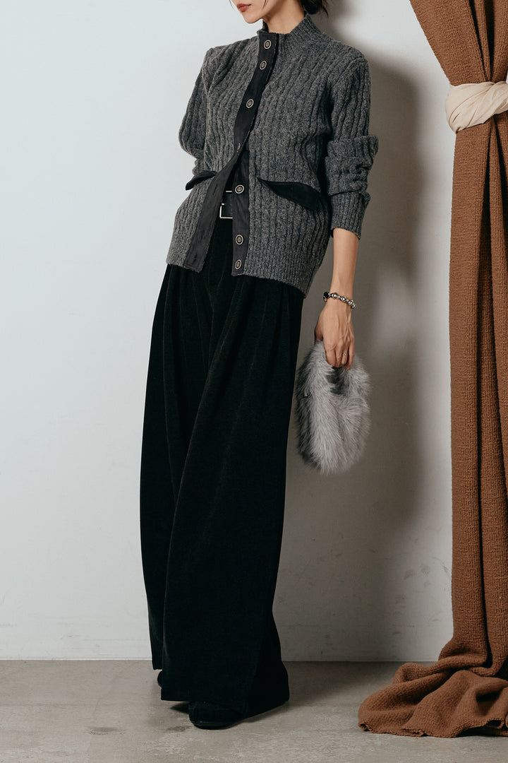 [SET]ボトルネックケーブルニットカーディガン+ベルトループコーデュロイワイドパンツ(2set)