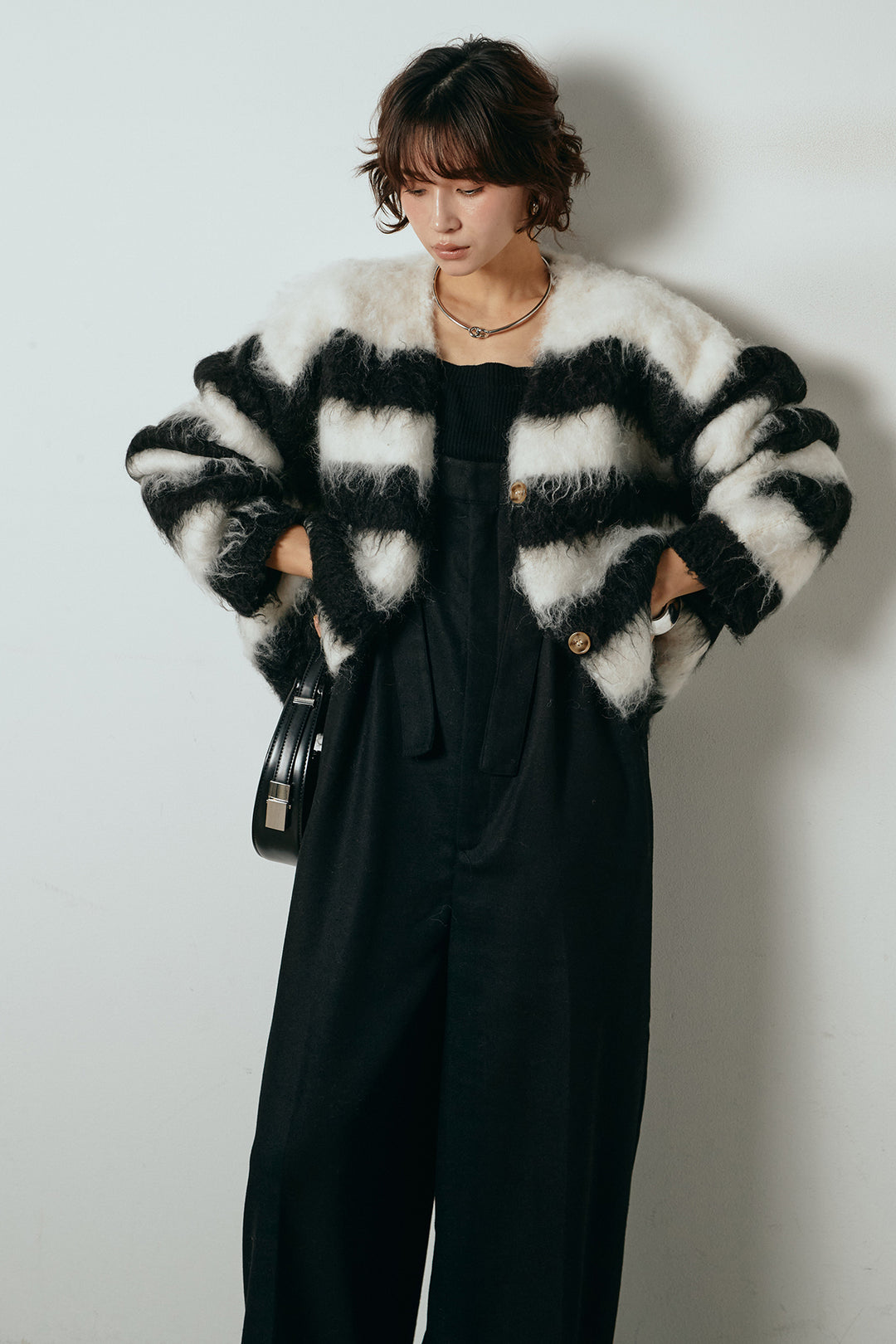 [SET]シャギーボーダー柄ニットカーディガン+ウール混フランネルワイドサロペット(2set)